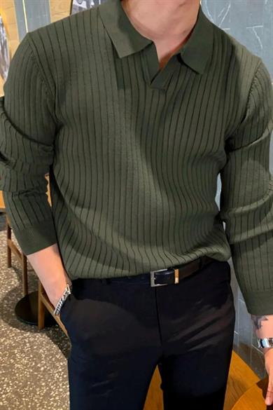 Haki Slim Fit Erkek Polo Yaka Fitilli Triko