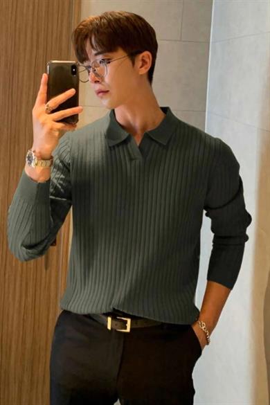 Haki Slim Fit Erkek Polo Yaka Fitilli Triko