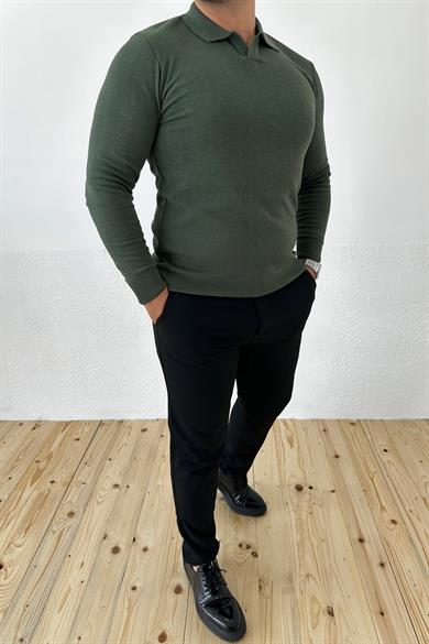Haki Slim Fit Polo Yaka Triko Kazak