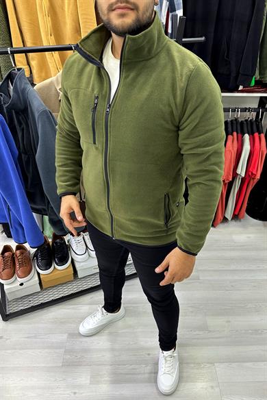 Haki Tam Fermuarlı Polar Ceket
