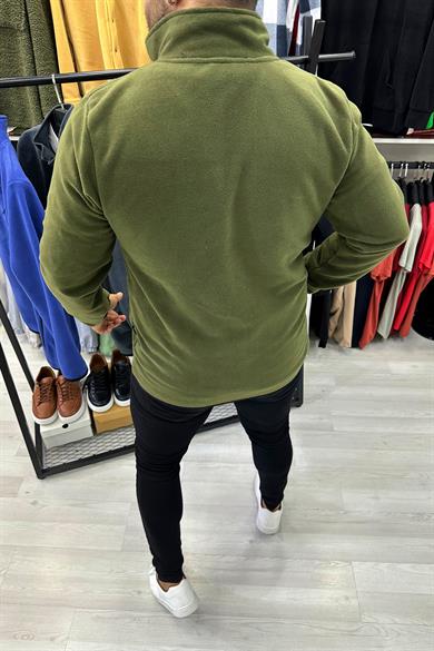 Haki Tam Fermuarlı Polar Ceket