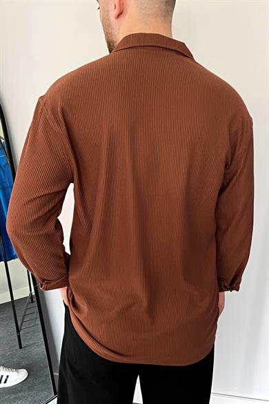 Kahve Fitilli Apaç Yaka Dokulu Likralı Pamuk Gömlek