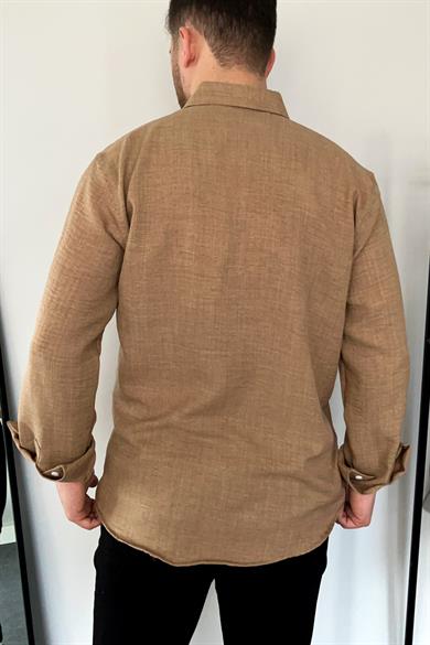 Kahve Tek Cep Keten Gömlek