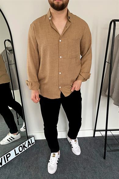 Kahve Tek Cep Keten Gömlek