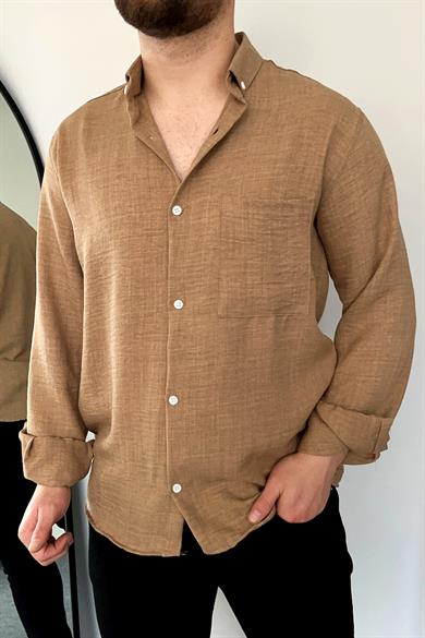 Kahve Tek Cep Keten Gömlek