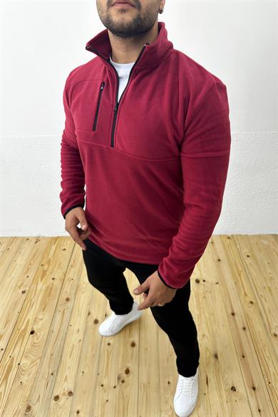 Kalın Kışlık Fermuarlı Bordo Polar Sweatshirt