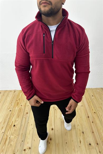 Kalın Kışlık Fermuarlı Bordo Polar Sweatshirt