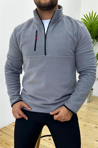 Kalın Kışlık Fermuarlı Gri Polar Sweatshirt
