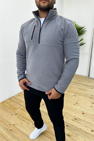 Kalın Kışlık Fermuarlı Gri Polar Sweatshirt