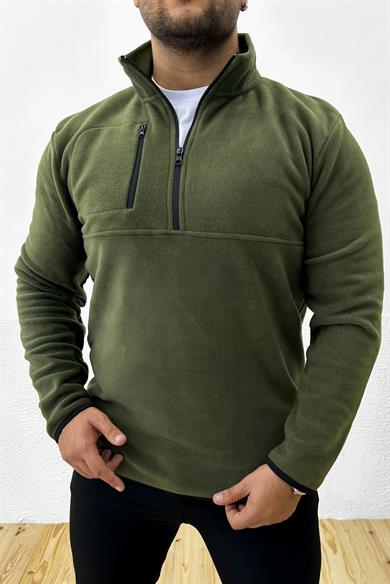 Kalın Kışlık Fermuarlı Haki Polar Sweatshirt