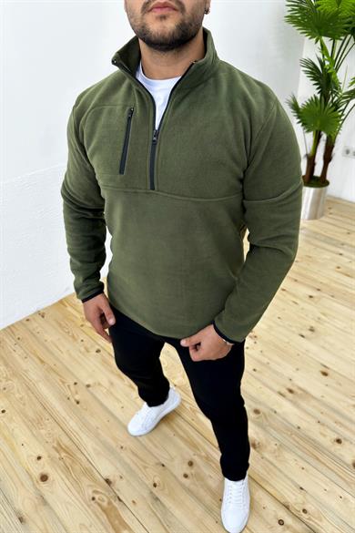 Kalın Kışlık Fermuarlı Haki Polar Sweatshirt