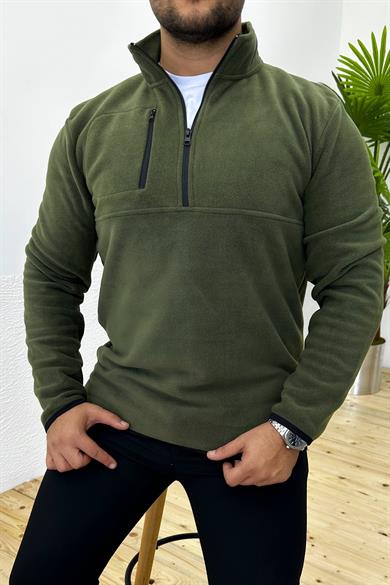 Kalın Kışlık Fermuarlı Haki Polar Sweatshirt