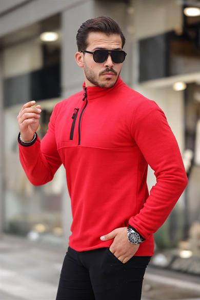 Kalın Kışlık Fermuarlı Kırmızı Polar Sweatshirt