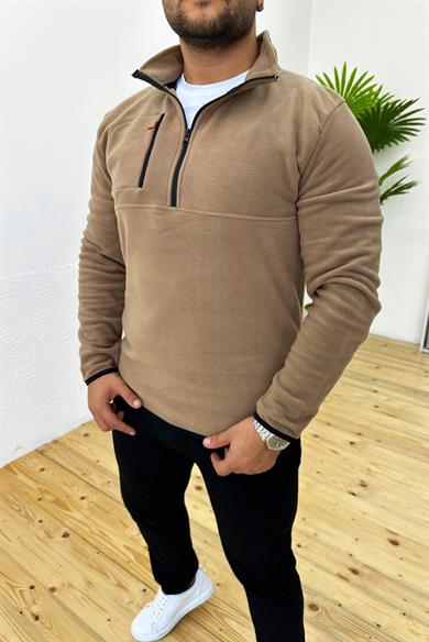 Kalın Kışlık Fermuarlı Kahve Polar Sweatshirt