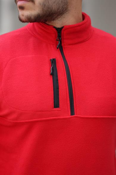 Kalın Kışlık Fermuarlı Kırmızı Polar Sweatshirt
