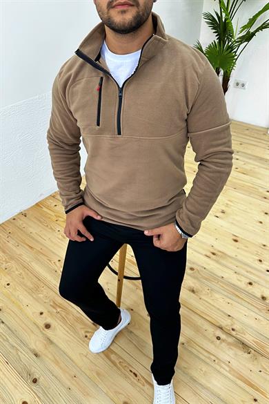 Kalın Kışlık Fermuarlı Kahve Polar Sweatshirt