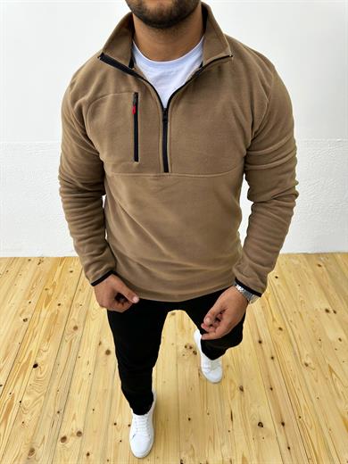 Kalın Kışlık Fermuarlı Kahve Polar Sweatshirt