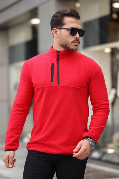 Kalın Kışlık Fermuarlı Kırmızı Polar Sweatshirt