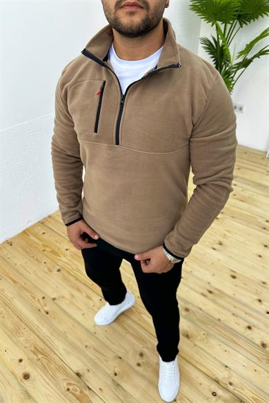 Kalın Kışlık Fermuarlı Kahve Polar Sweatshirt