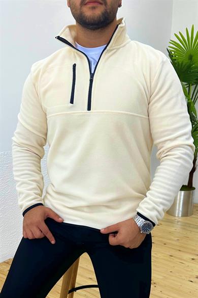 Kalın Kışlık Fermuarlı Krem Polar Sweatshirt