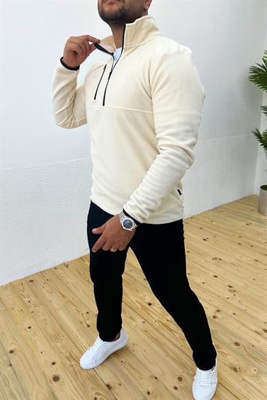 Kalın Kışlık Fermuarlı Krem Polar Sweatshirt
