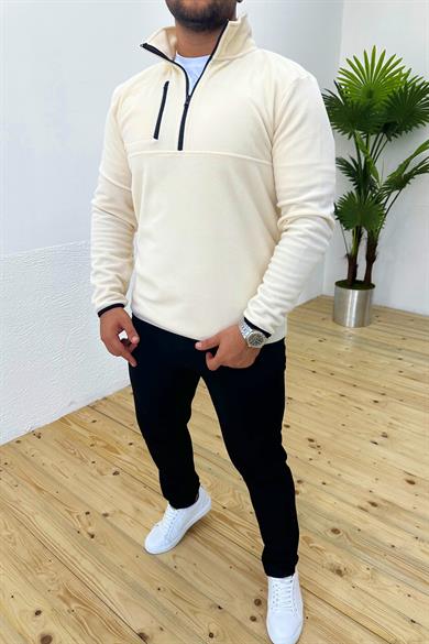 Kalın Kışlık Fermuarlı Krem Polar Sweatshirt
