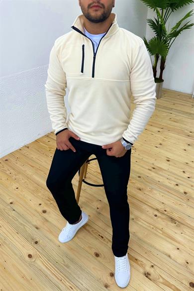 Kalın Kışlık Fermuarlı Krem Polar Sweatshirt