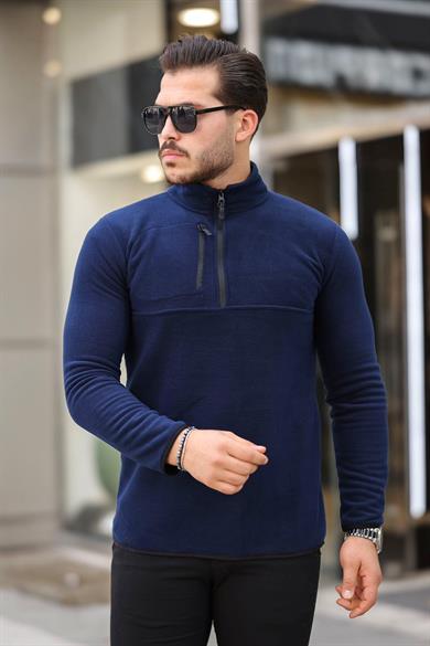 Kalın Kışlık Fermuarlı Lacivert Polar Sweatshirt
