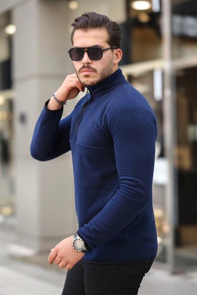Kalın Kışlık Fermuarlı Lacivert Polar Sweatshirt