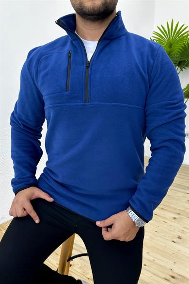 Kalın Kışlık Fermuarlı Mavi Polar Sweatshirt