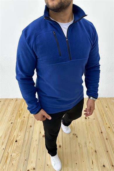 Kalın Kışlık Fermuarlı Mavi Polar Sweatshirt