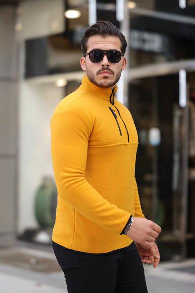 Kalın Kışlık Fermuarlı Sarı Polar Sweatshirt