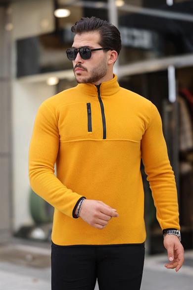 Kalın Kışlık Fermuarlı Sarı Polar Sweatshirt