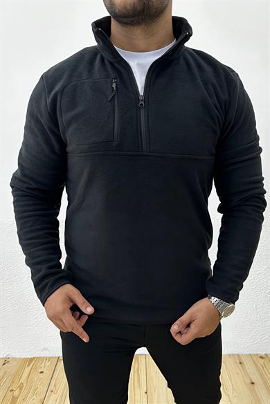 Kalın Kışlık Fermuarlı Siyah Polar Sweatshirt