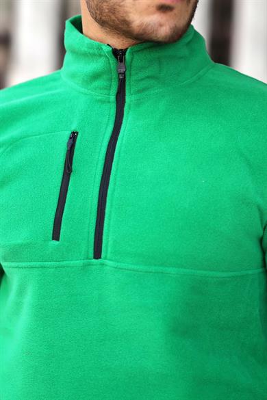 Kalın Kışlık Fermuarlı Yeşil Polar Sweatshirt
