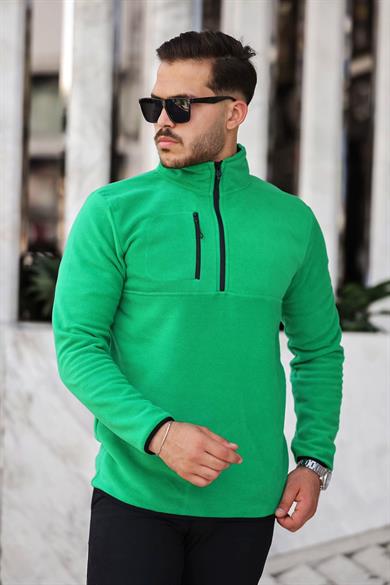 Kalın Kışlık Fermuarlı Yeşil Polar Sweatshirt