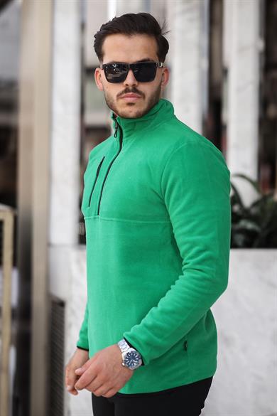 Kalın Kışlık Fermuarlı Yeşil Polar Sweatshirt