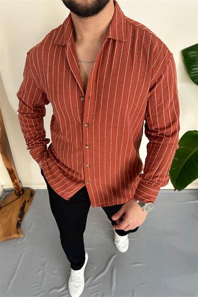 Kiremit %100 Ham Keten Pamuk Çizgili Oversize Gömlek