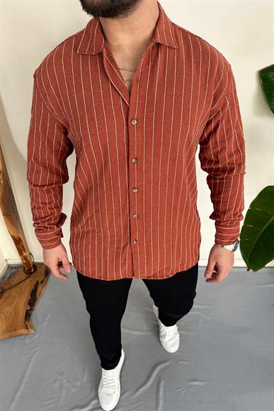 Kiremit %100 Ham Keten Pamuk Çizgili Oversize Gömlek