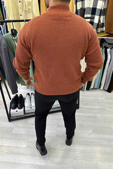 Kiremit Fermuarlı Triko Kazak