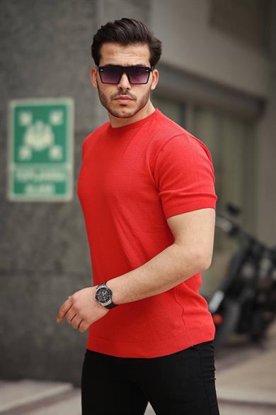 Kırmızı Basic Örme Triko Tshirt