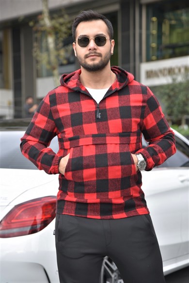Kırmızı Oduncu Kumaş Ekose Kapüşonlu Kanguru Cep Sweat 