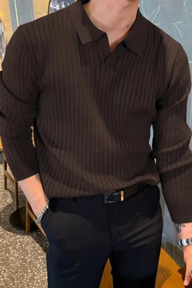 Koyu Kahve Slim Fit Erkek Polo Yaka Fitilli Triko Kazak