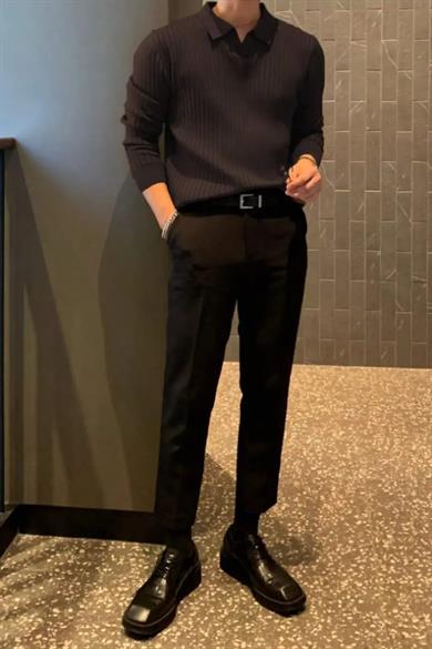 Koyu Kahve Slim Fit Erkek Polo Yaka Fitilli Triko Kazak