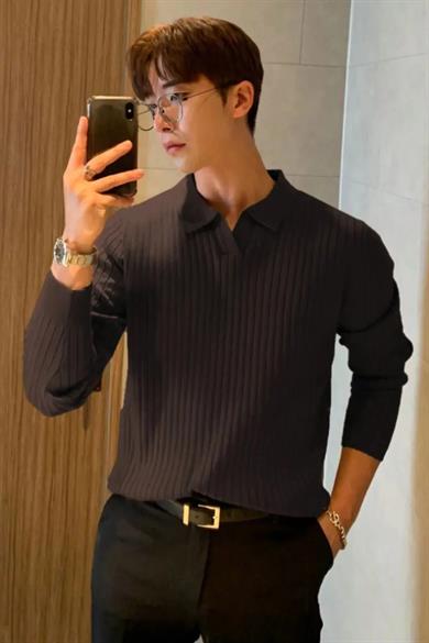 Koyu Kahve Slim Fit Erkek Polo Yaka Fitilli Triko Kazak