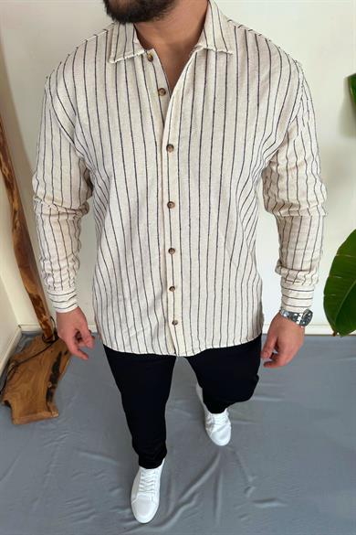 Krem %100 Ham Keten Pamuk Çizgili Oversize Gömlek