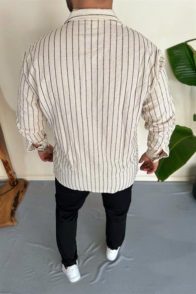 Krem %100 Ham Keten Pamuk Çizgili Oversize Gömlek
