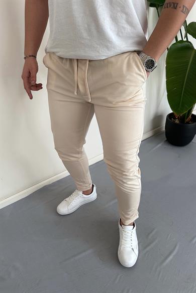 Krem Duble Paça Beli Lastikli Likralı Jogger