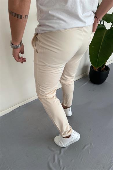 Krem Duble Paça Beli Lastikli Likralı Jogger