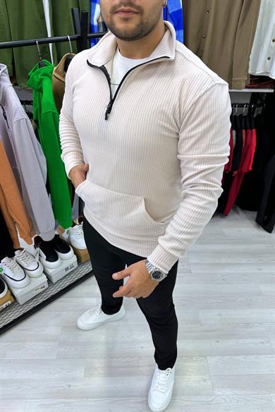 Krem Kadife Fitilli Kumaş Yarım Fermuar Kanguru Cep Sweat